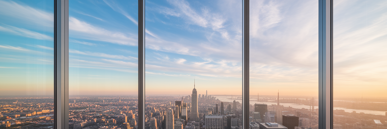 Clear sky view from high-rise office window.