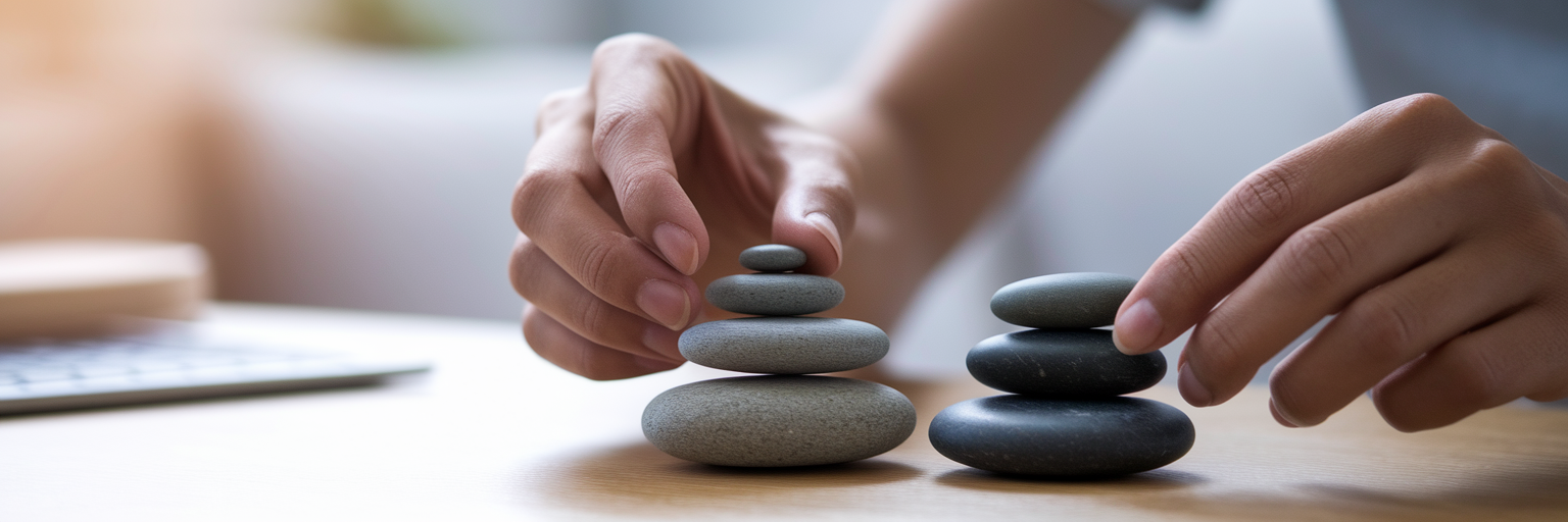 Hands arranging stones for balance.