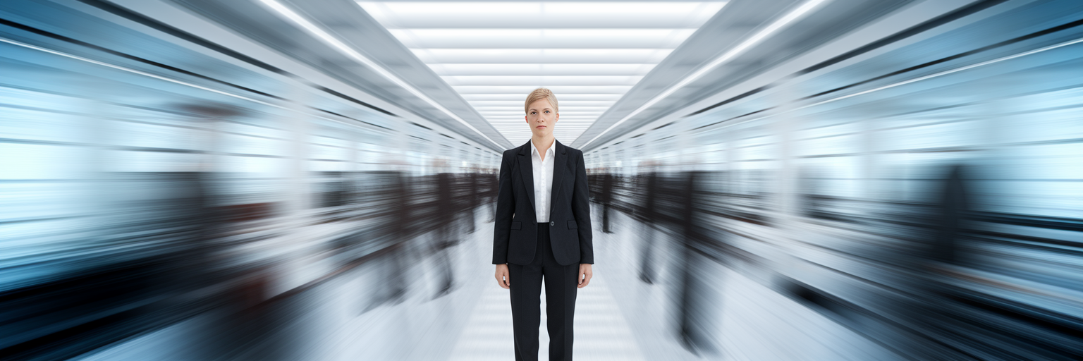 Professional person standing calmly in a busy office.